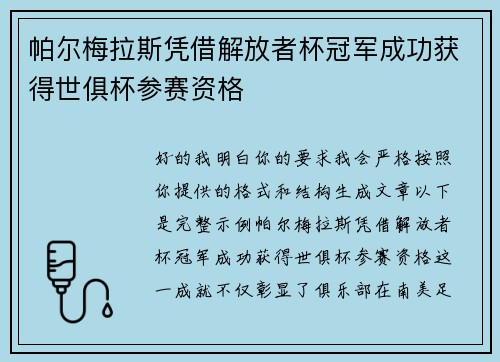 帕尔梅拉斯凭借解放者杯冠军成功获得世俱杯参赛资格 帕尔梅拉斯凭借解放者杯冠军成功获得世俱杯参赛资格