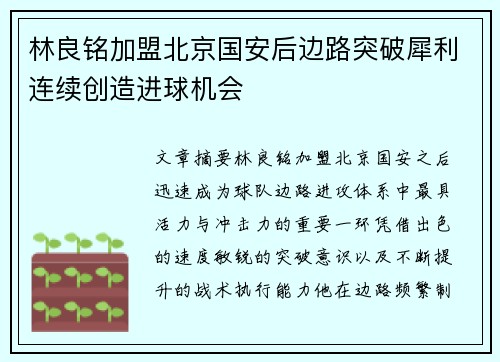 林良铭加盟北京国安后边路突破犀利连续创造进球机会 林良铭加盟北京国安后边路突破犀利连续创造进球机会